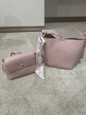 Women's Pink Pebbled Leather Shoulder Bag with Matching Wallet